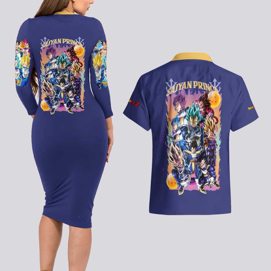 Vegeta V4 Dragon Ball Z Couples Matching Long Sleeve Bodycon Dress and Hawaiian Shirt Anime Style