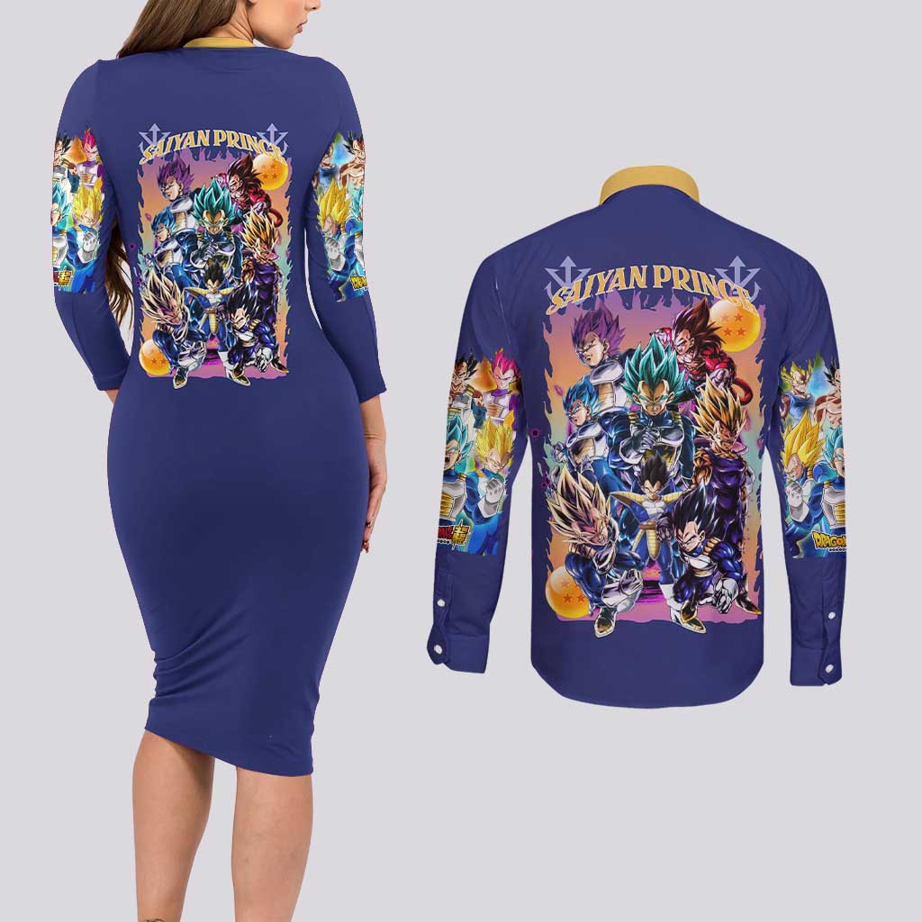 Vegeta V4 Dragon Ball Z Couples Matching Long Sleeve Bodycon Dress and Long Sleeve Button Shirt Anime Style