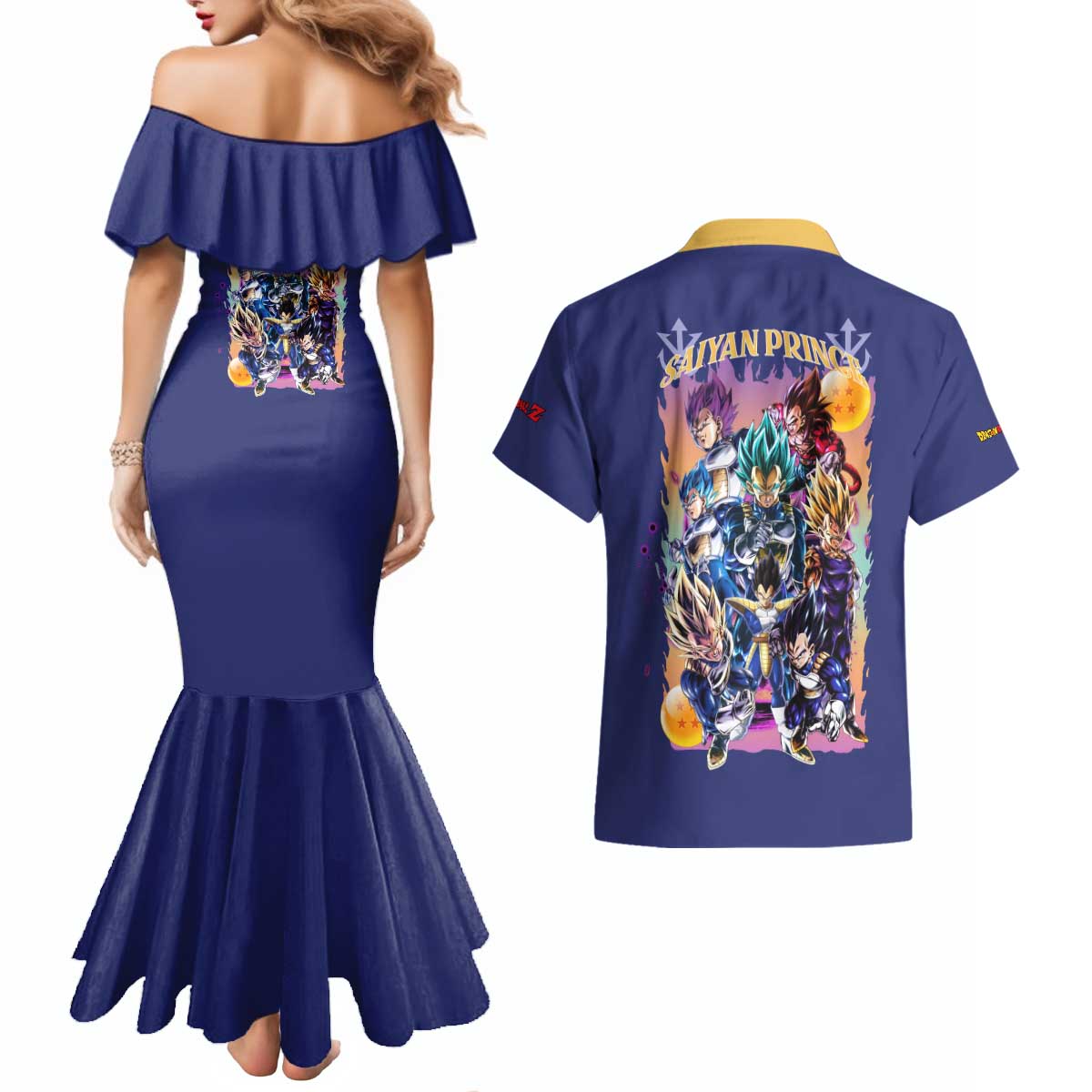Vegeta V4 Dragon Ball Z Couples Matching Mermaid Dress and Hawaiian Shirt Anime Style
