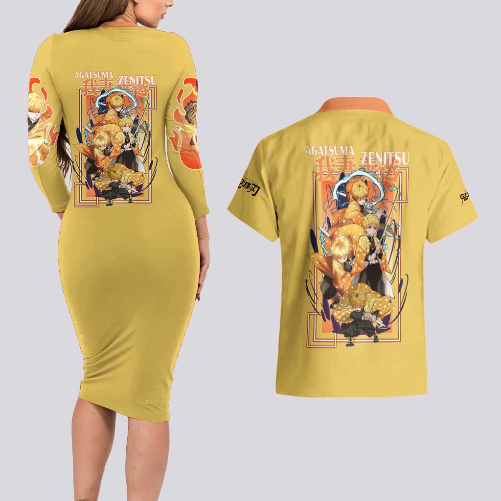 Agatsuma Zenitsu V2 Demon Slayer Couples Matching Long Sleeve Bodycon Dress and Hawaiian Shirt Anime Style