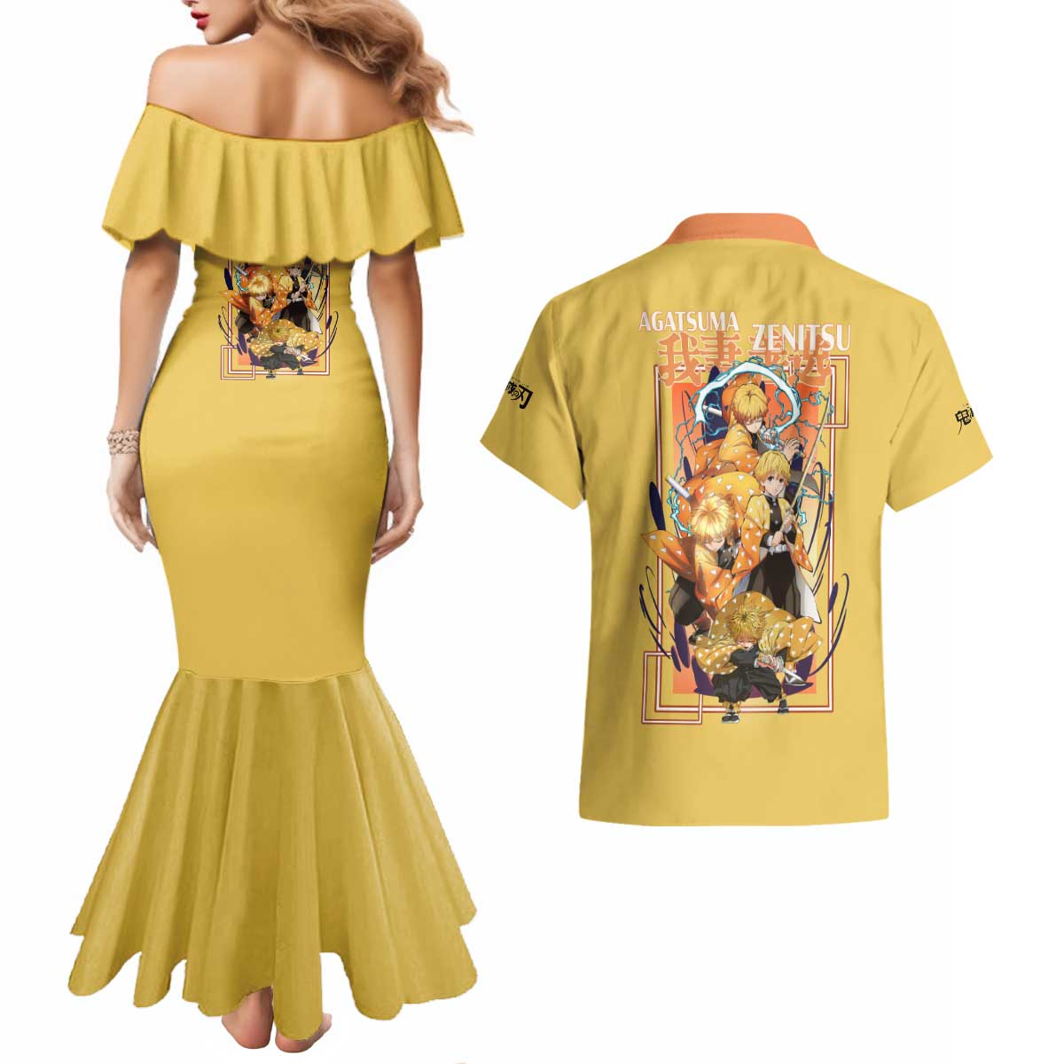 Agatsuma Zenitsu V2 Demon Slayer Couples Matching Mermaid Dress and Hawaiian Shirt Anime Style