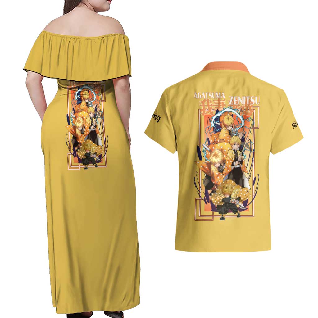 Agatsuma Zenitsu V2 Demon Slayer Couples Matching Off Shoulder Maxi Dress and Hawaiian Shirt Anime Style