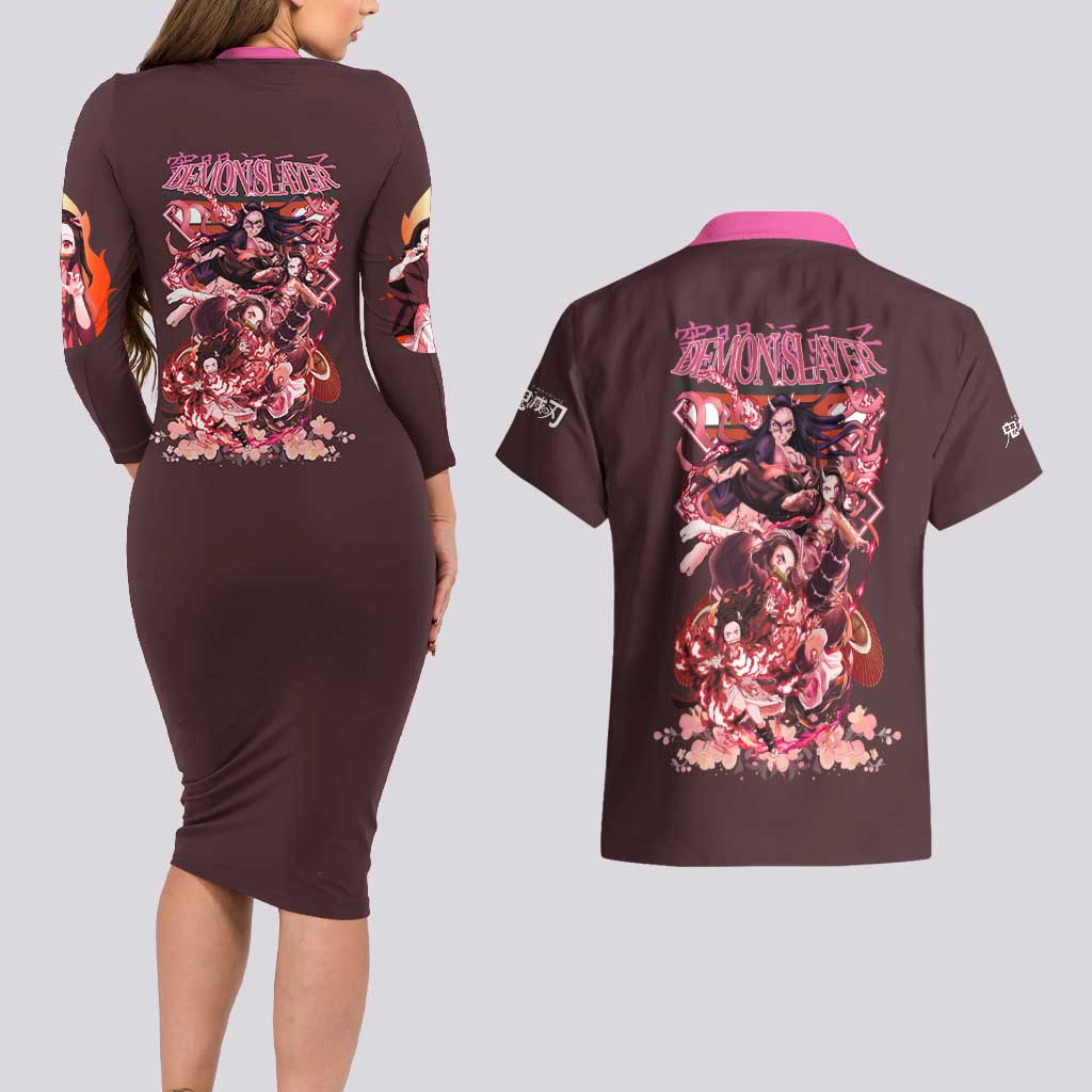 Kamado Nezuko V2 Demon Slayer Couples Matching Long Sleeve Bodycon Dress and Hawaiian Shirt Anime Style