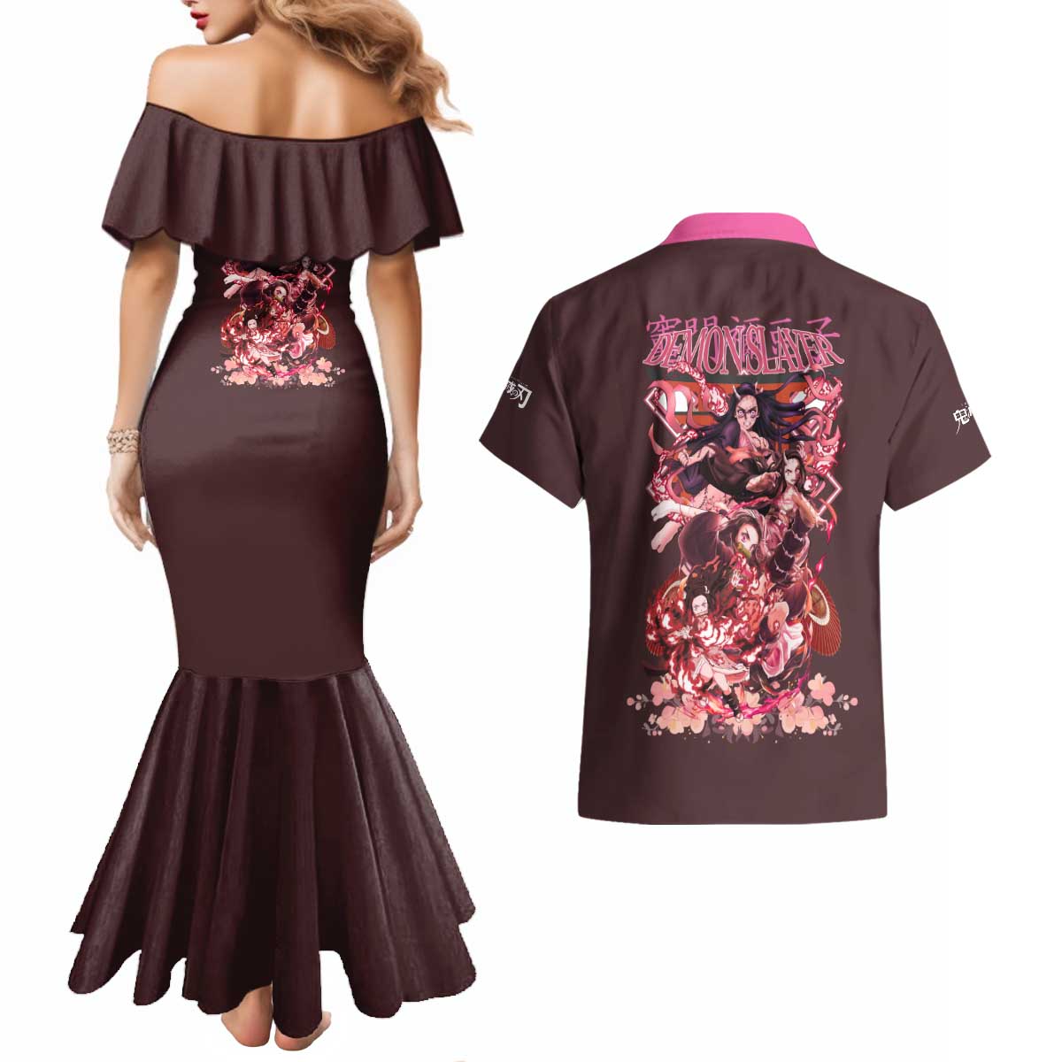 Kamado Nezuko V2 Demon Slayer Couples Matching Mermaid Dress and Hawaiian Shirt Anime Style