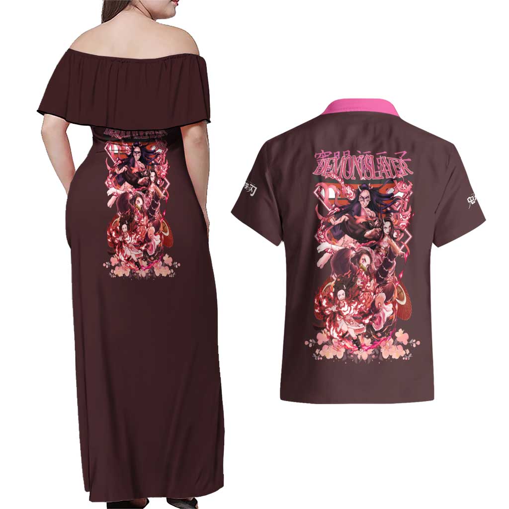 Kamado Nezuko V2 Demon Slayer Couples Matching Off Shoulder Maxi Dress and Hawaiian Shirt Anime Style