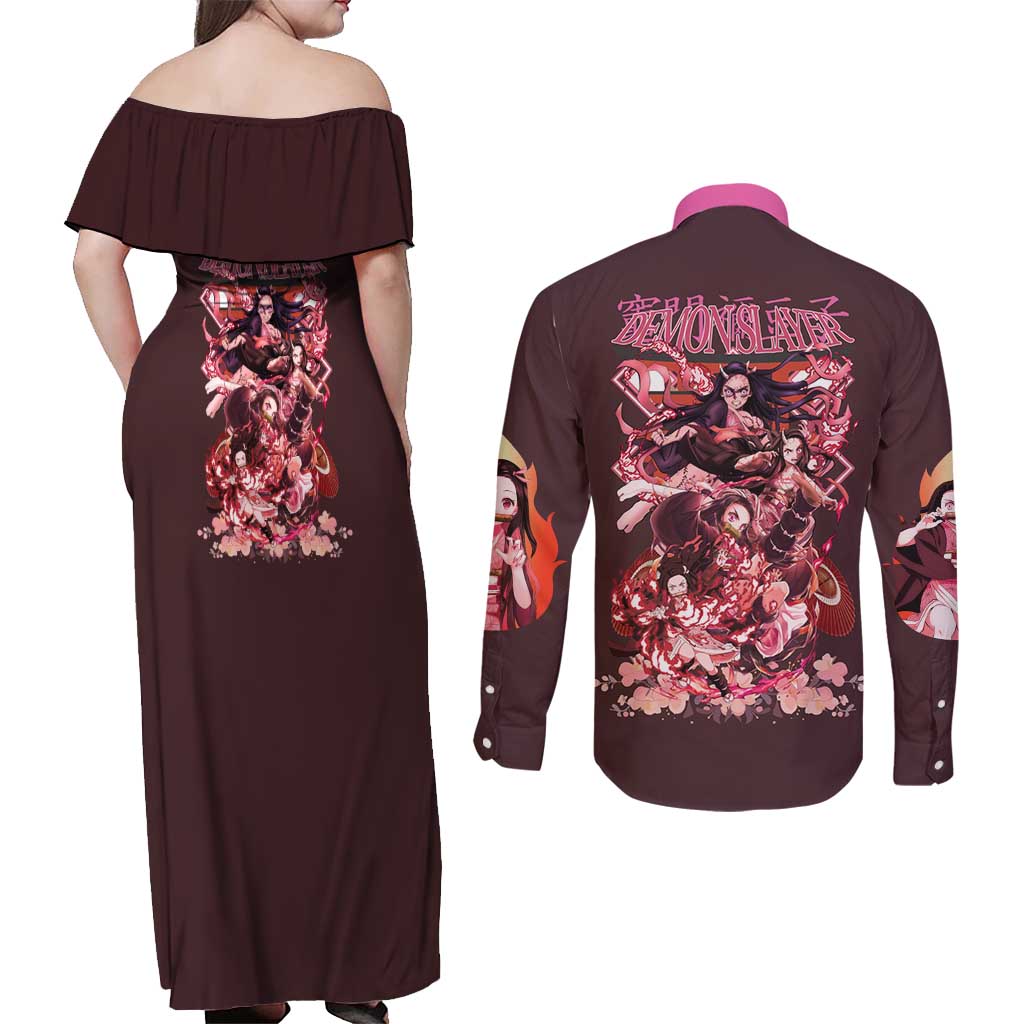 Kamado Nezuko V2 Demon Slayer Couples Matching Off Shoulder Maxi Dress and Long Sleeve Button Shirt Anime Style