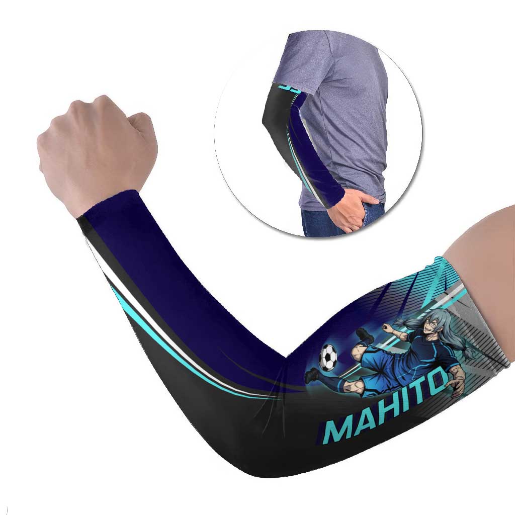 Personalized Mahito Jujutsu Kaisen Arm Sleeves with Teal Gradient and Blue Uniform Design