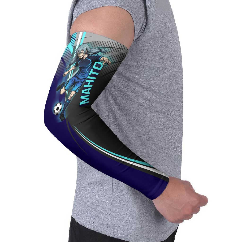 Personalized Mahito Jujutsu Kaisen Arm Sleeves with Teal Gradient and Blue Uniform Design