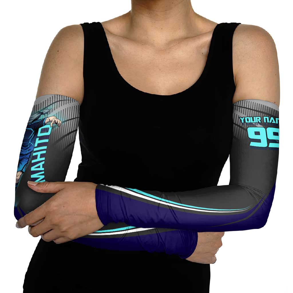 Personalized Mahito Jujutsu Kaisen Arm Sleeves with Teal Gradient and Blue Uniform Design