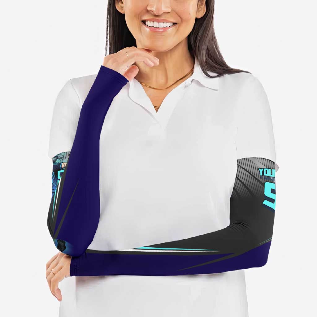 Personalized Mahito Jujutsu Kaisen Arm Sleeves with Teal Gradient and Blue Uniform Design