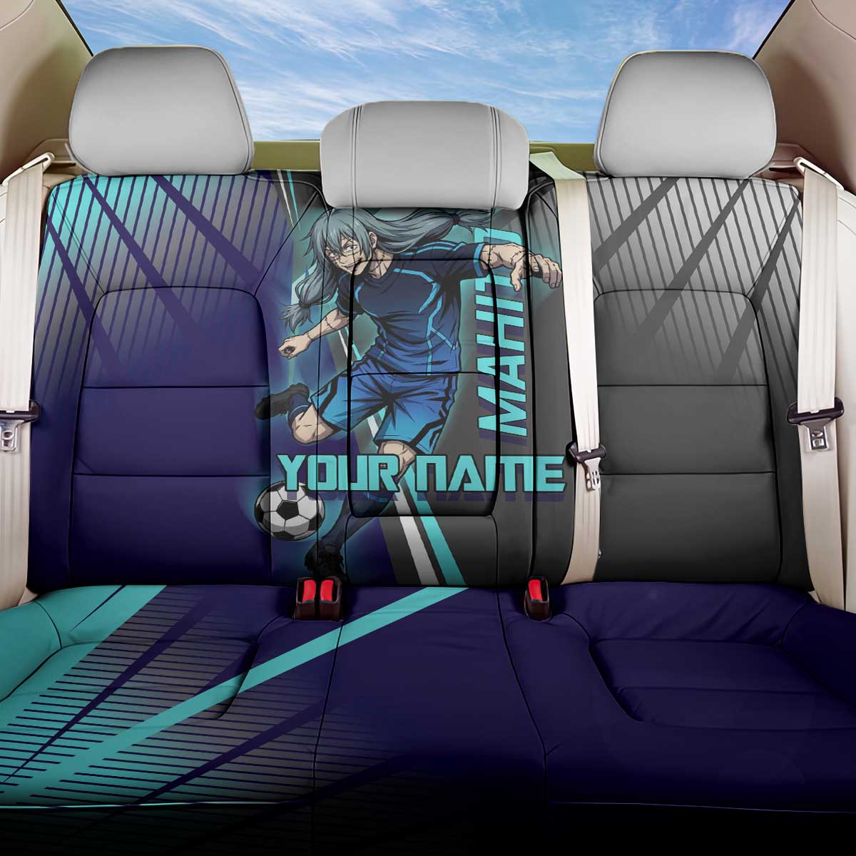 Personalized Mahito Jujutsu Kaisen Back Car Seat Cover with Teal Gradient and Blue Uniform Design