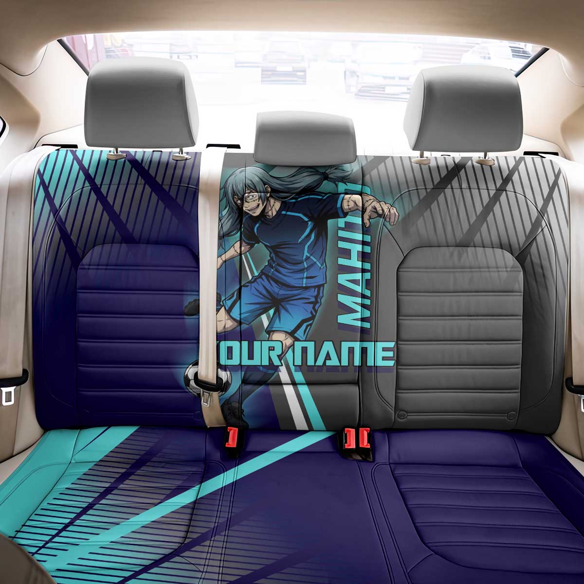 Personalized Mahito Jujutsu Kaisen Back Car Seat Cover with Teal Gradient and Blue Uniform Design