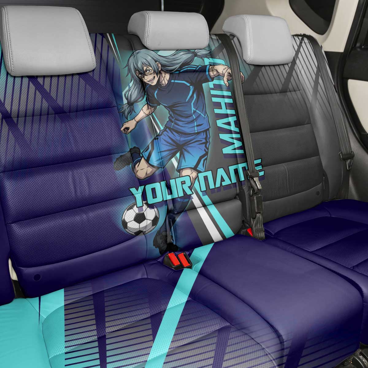 Personalized Mahito Jujutsu Kaisen Back Car Seat Cover with Teal Gradient and Blue Uniform Design