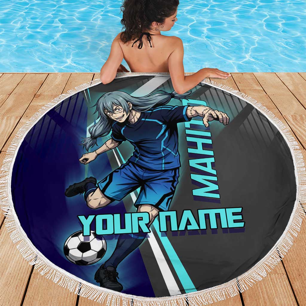 Personalized Mahito Jujutsu Kaisen Beach Blanket with Teal Gradient and Blue Uniform Design