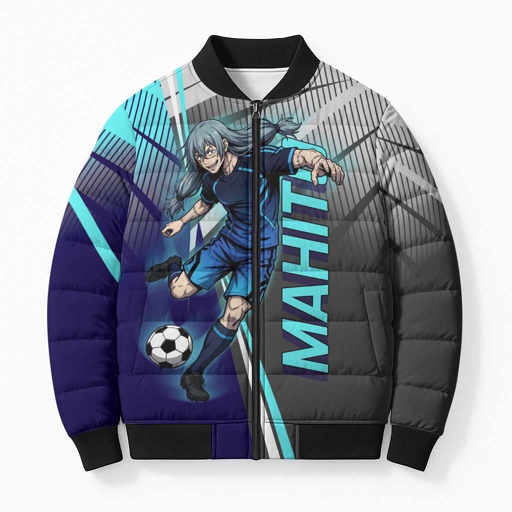 Personalized Mahito Jujutsu Kaisen Bomber Puffer Jacket with Teal Gradient and Blue Uniform Design
