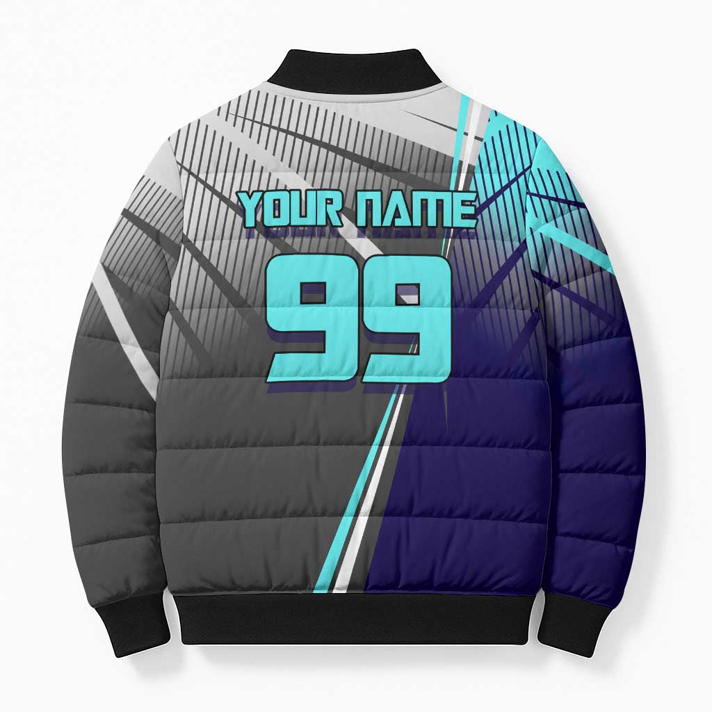 Personalized Mahito Jujutsu Kaisen Bomber Puffer Jacket with Teal Gradient and Blue Uniform Design