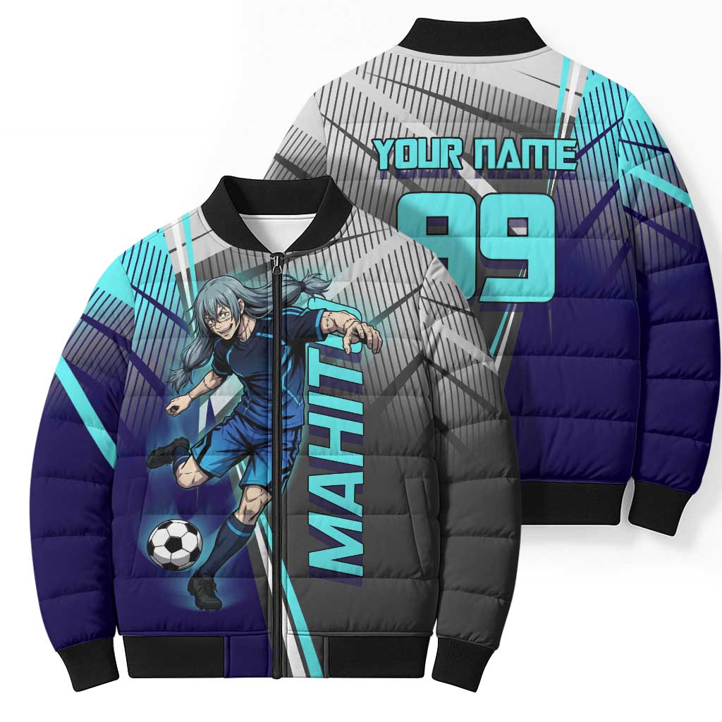 Personalized Mahito Jujutsu Kaisen Bomber Puffer Jacket with Teal Gradient and Blue Uniform Design