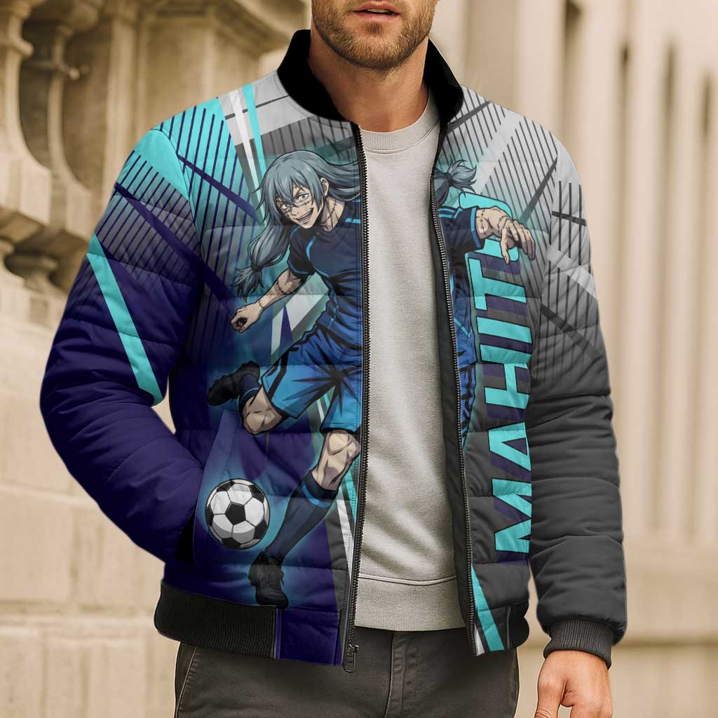 Personalized Mahito Jujutsu Kaisen Bomber Puffer Jacket with Teal Gradient and Blue Uniform Design
