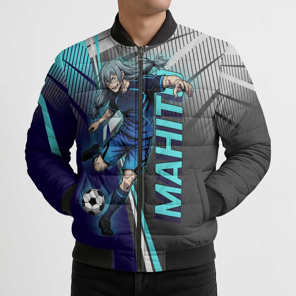 Personalized Mahito Jujutsu Kaisen Bomber Puffer Jacket with Teal Gradient and Blue Uniform Design