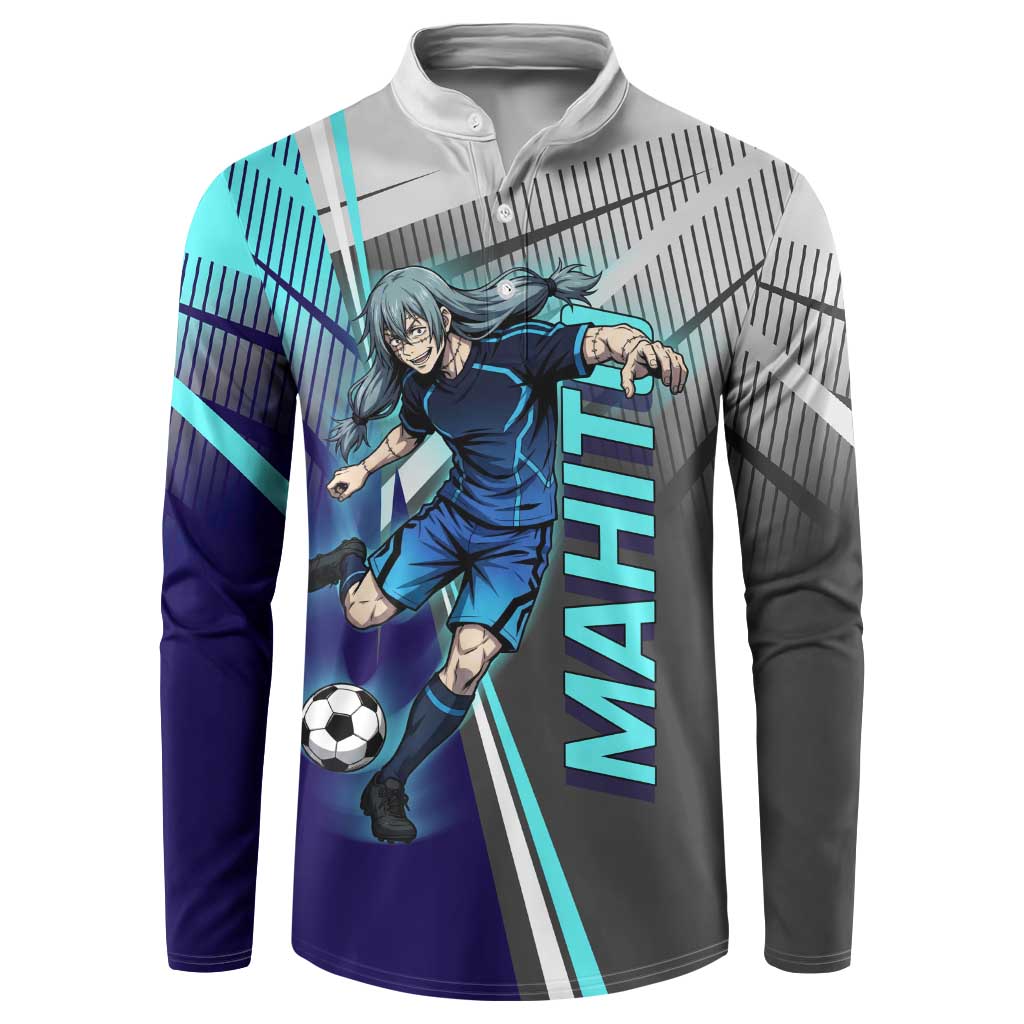 Personalized Mahito Jujutsu Kaisen Button Sweatshirt with Teal Gradient and Blue Uniform Design