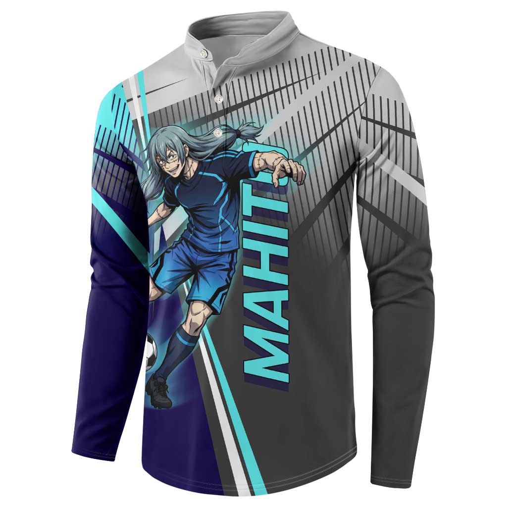 Personalized Mahito Jujutsu Kaisen Button Sweatshirt with Teal Gradient and Blue Uniform Design
