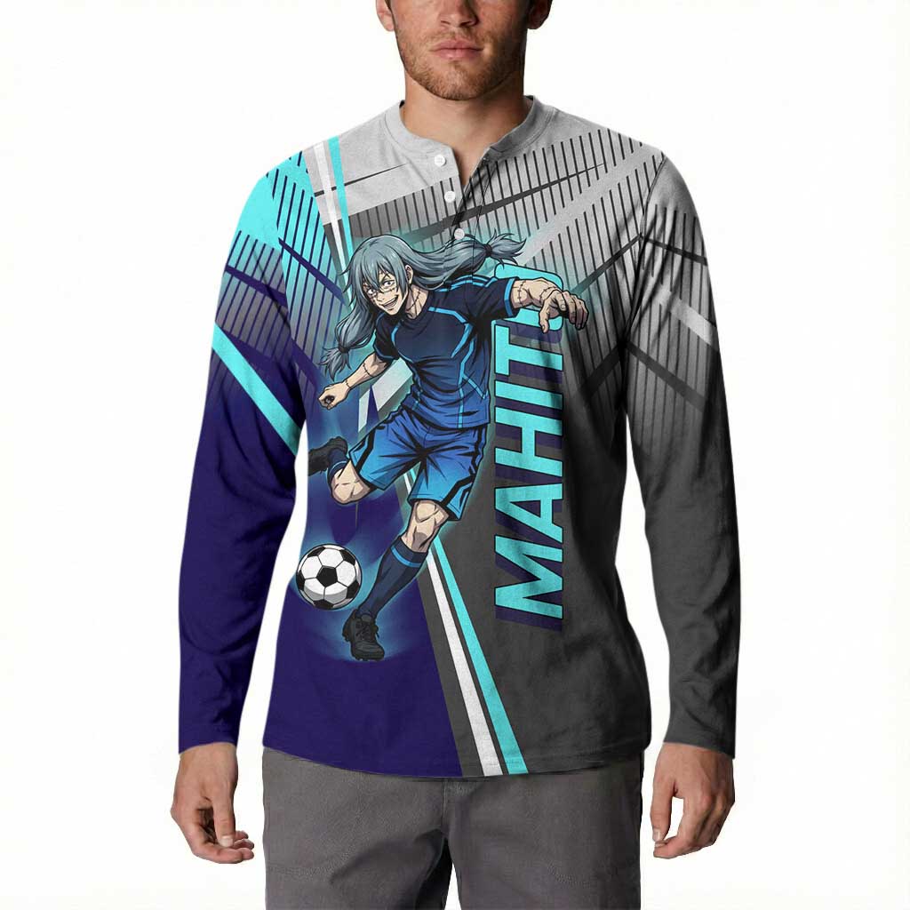 Personalized Mahito Jujutsu Kaisen Button Sweatshirt with Teal Gradient and Blue Uniform Design