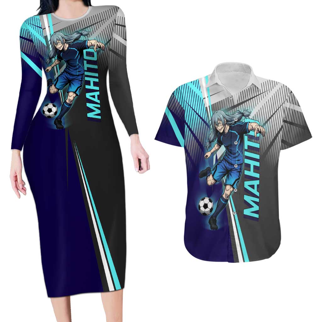 Personalized Mahito Jujutsu Kaisen Couples Matching Long Sleeve Bodycon Dress and Hawaiian Shirt with Teal Gradient and Blue Uniform Design