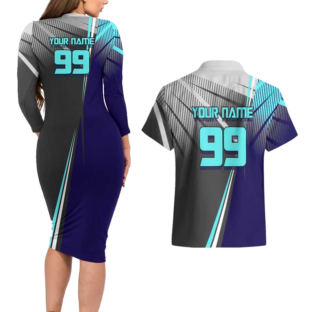 Personalized Mahito Jujutsu Kaisen Couples Matching Long Sleeve Bodycon Dress and Hawaiian Shirt with Teal Gradient and Blue Uniform Design