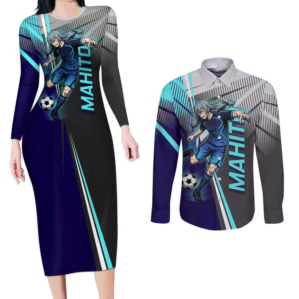 Personalized Mahito Jujutsu Kaisen Couples Matching Long Sleeve Bodycon Dress and Long Sleeve Button Shirt with Teal Gradient and Blue Uniform Design