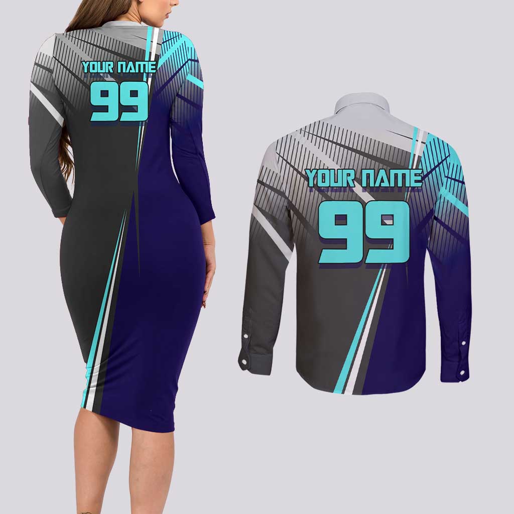 Personalized Mahito Jujutsu Kaisen Couples Matching Long Sleeve Bodycon Dress and Long Sleeve Button Shirt with Teal Gradient and Blue Uniform Design