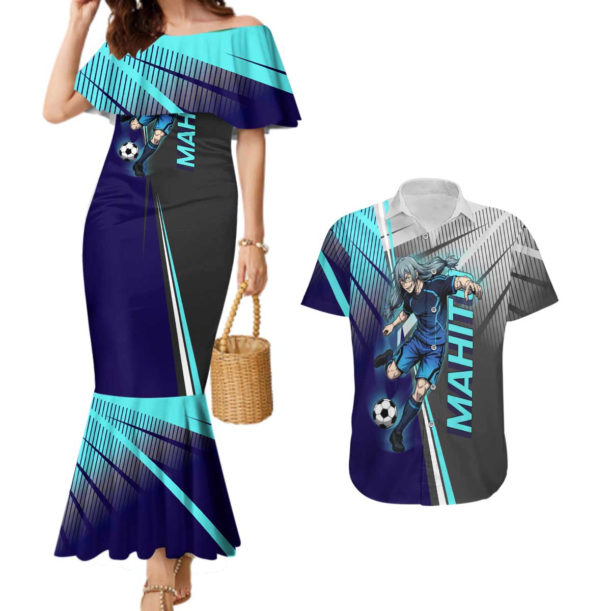Personalized Mahito Jujutsu Kaisen Couples Matching Mermaid Dress and Hawaiian Shirt with Teal Gradient and Blue Uniform Design