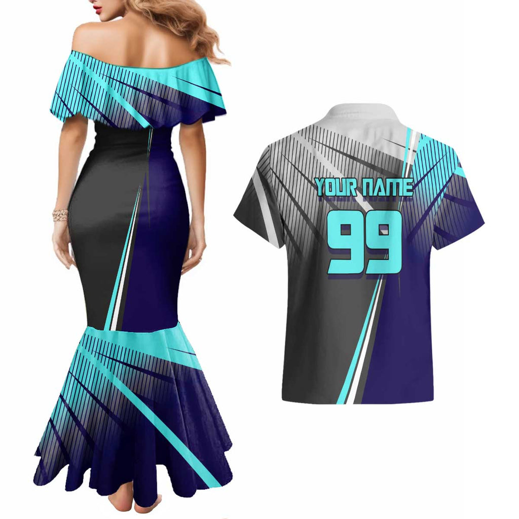 Personalized Mahito Jujutsu Kaisen Couples Matching Mermaid Dress and Hawaiian Shirt with Teal Gradient and Blue Uniform Design