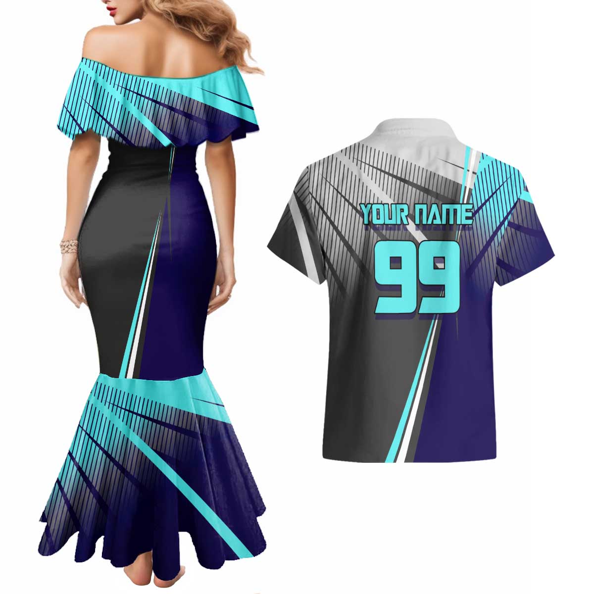 Personalized Mahito Jujutsu Kaisen Couples Matching Mermaid Dress and Hawaiian Shirt with Teal Gradient and Blue Uniform Design