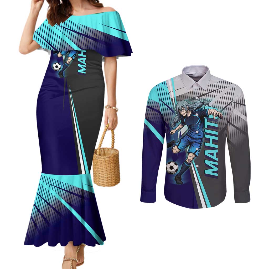 Personalized Mahito Jujutsu Kaisen Couples Matching Mermaid Dress and Long Sleeve Button Shirt with Teal Gradient and Blue Uniform Design