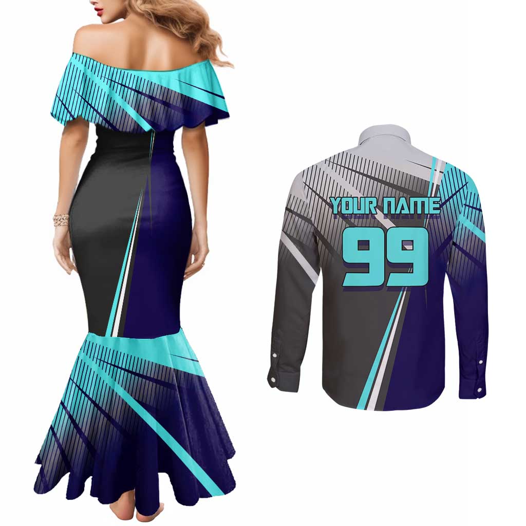 Personalized Mahito Jujutsu Kaisen Couples Matching Mermaid Dress and Long Sleeve Button Shirt with Teal Gradient and Blue Uniform Design
