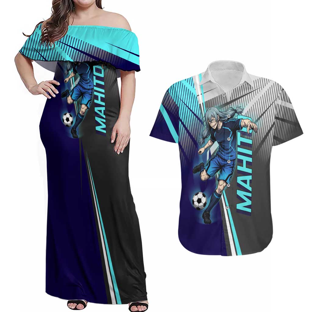 Personalized Mahito Jujutsu Kaisen Couples Matching Off Shoulder Maxi Dress and Hawaiian Shirt with Teal Gradient and Blue Uniform Design
