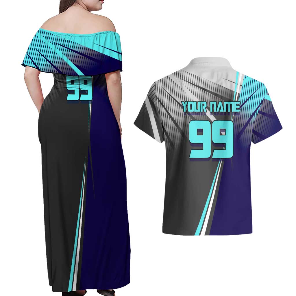 Personalized Mahito Jujutsu Kaisen Couples Matching Off Shoulder Maxi Dress and Hawaiian Shirt with Teal Gradient and Blue Uniform Design