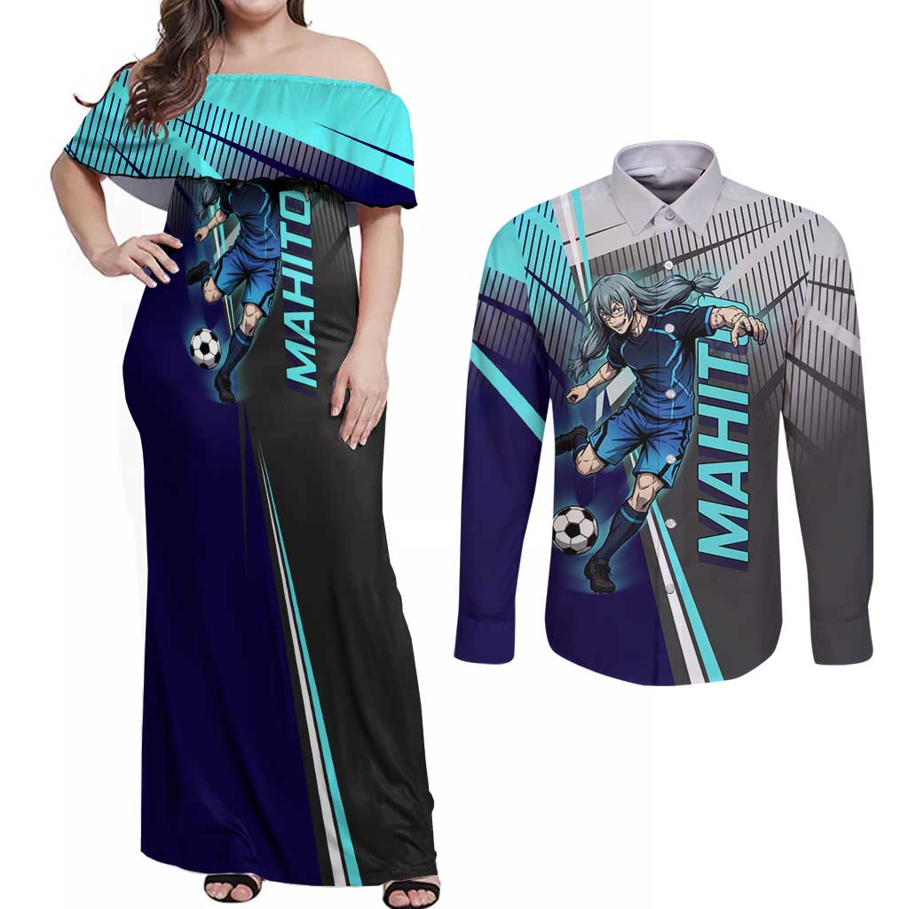 Personalized Mahito Jujutsu Kaisen Couples Matching Off Shoulder Maxi Dress and Long Sleeve Button Shirt with Teal Gradient and Blue Uniform Design