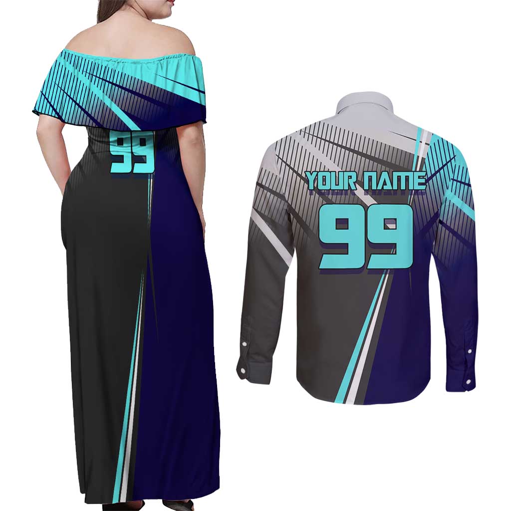 Personalized Mahito Jujutsu Kaisen Couples Matching Off Shoulder Maxi Dress and Long Sleeve Button Shirt with Teal Gradient and Blue Uniform Design