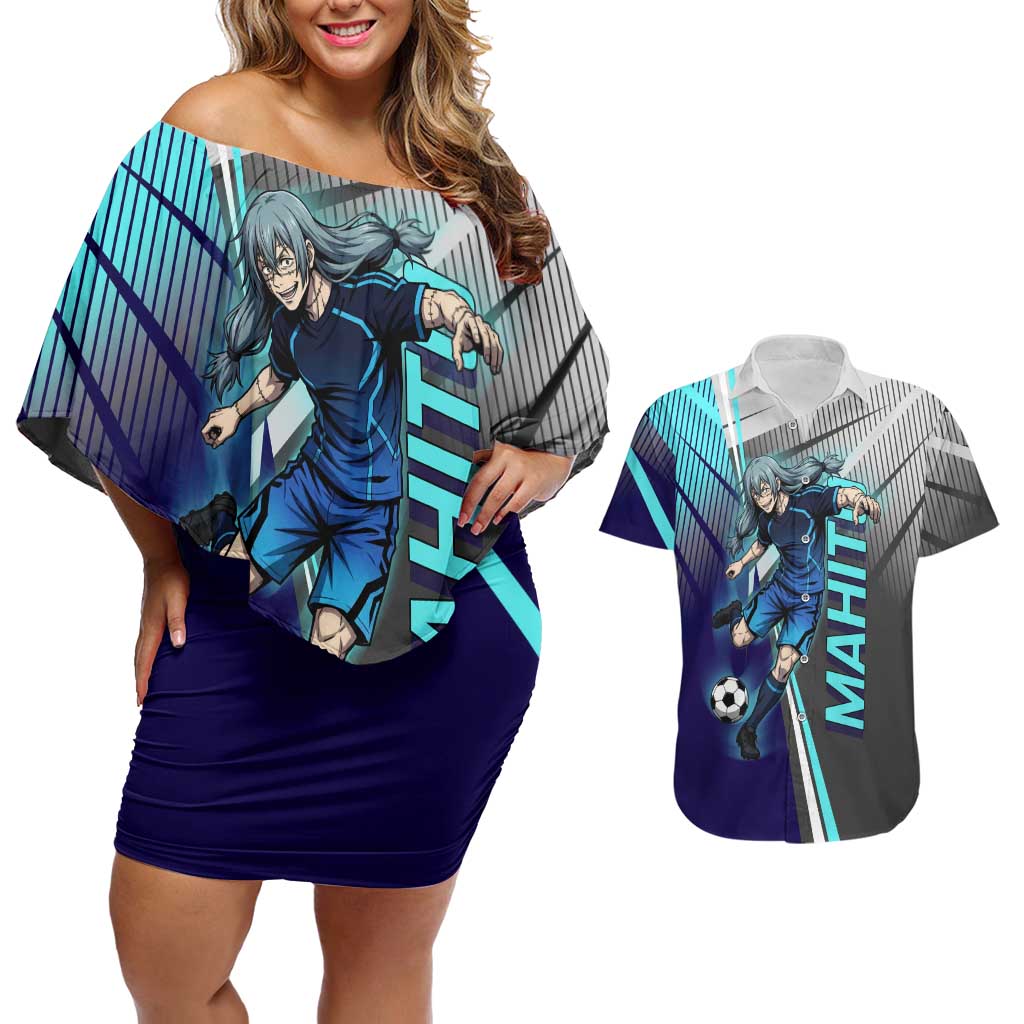 Personalized Mahito Jujutsu Kaisen Couples Matching Off Shoulder Short Dress and Hawaiian Shirt with Teal Gradient and Blue Uniform Design