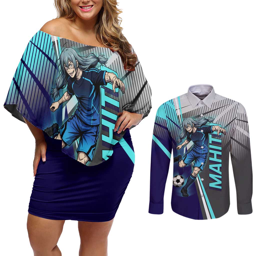 Personalized Mahito Jujutsu Kaisen Couples Matching Off Shoulder Short Dress and Long Sleeve Button Shirt with Teal Gradient and Blue Uniform Design