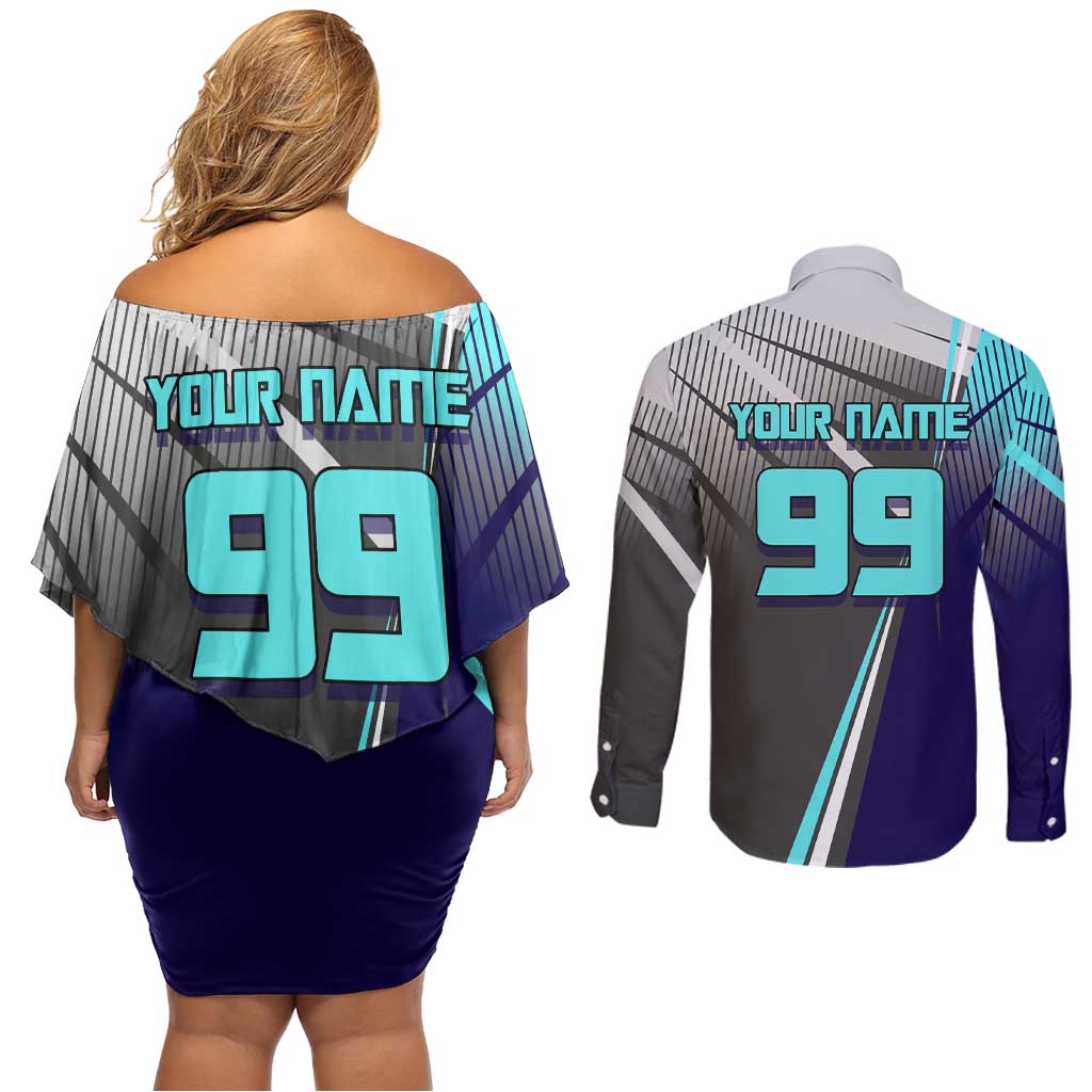 Personalized Mahito Jujutsu Kaisen Couples Matching Off Shoulder Short Dress and Long Sleeve Button Shirt with Teal Gradient and Blue Uniform Design