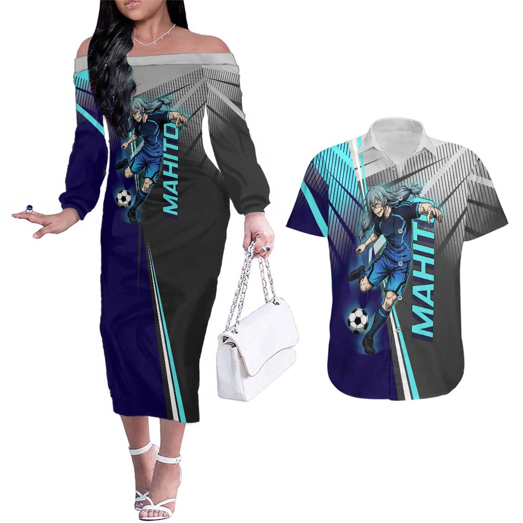 Personalized Mahito Jujutsu Kaisen Couples Matching Off The Shoulder Long Sleeve Dress and Hawaiian Shirt with Teal Gradient and Blue Uniform Design