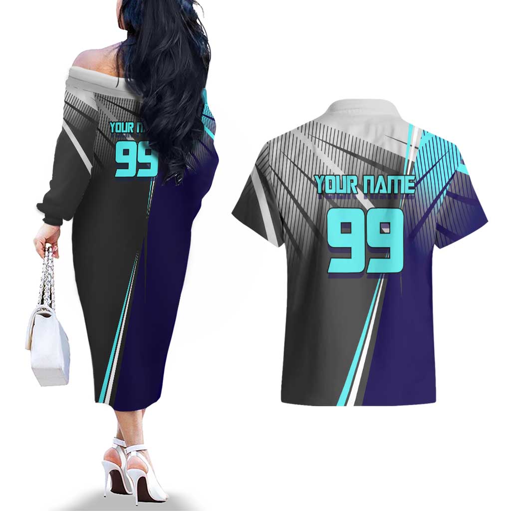 Personalized Mahito Jujutsu Kaisen Couples Matching Off The Shoulder Long Sleeve Dress and Hawaiian Shirt with Teal Gradient and Blue Uniform Design