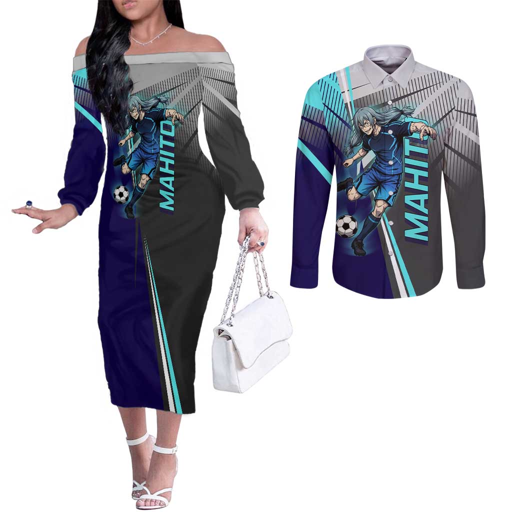 Personalized Mahito Jujutsu Kaisen Couples Matching Off The Shoulder Long Sleeve Dress and Long Sleeve Button Shirt with Teal Gradient and Blue Uniform Design