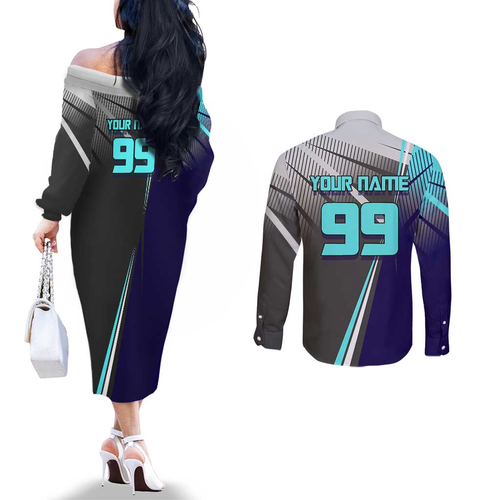 Personalized Mahito Jujutsu Kaisen Couples Matching Off The Shoulder Long Sleeve Dress and Long Sleeve Button Shirt with Teal Gradient and Blue Uniform Design