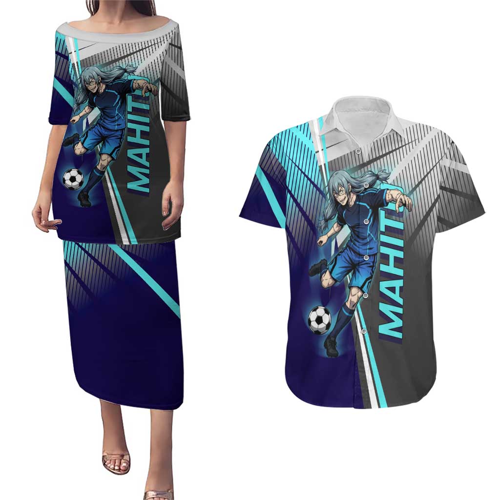 Personalized Mahito Jujutsu Kaisen Couples Matching Puletasi and Hawaiian Shirt with Teal Gradient and Blue Uniform Design