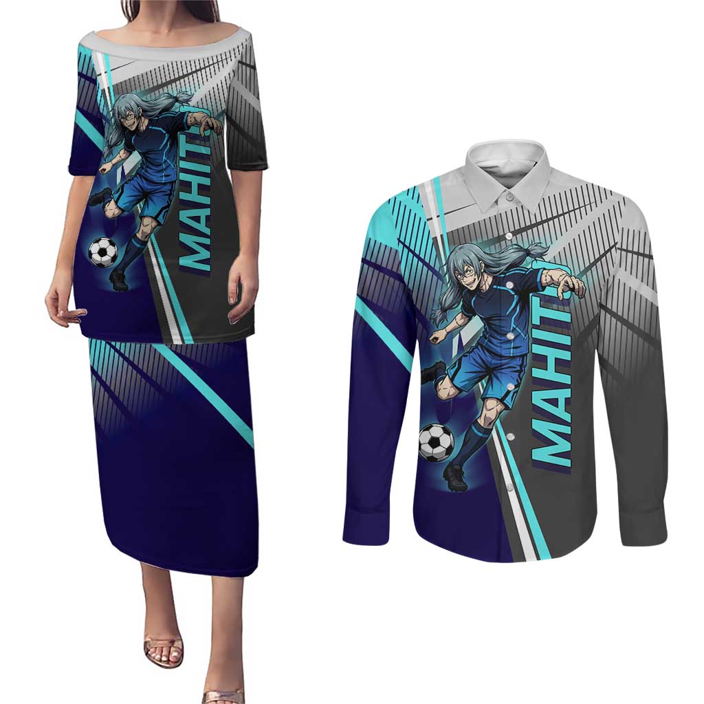 Personalized Mahito Jujutsu Kaisen Couples Matching Puletasi and Long Sleeve Button Shirt with Teal Gradient and Blue Uniform Design
