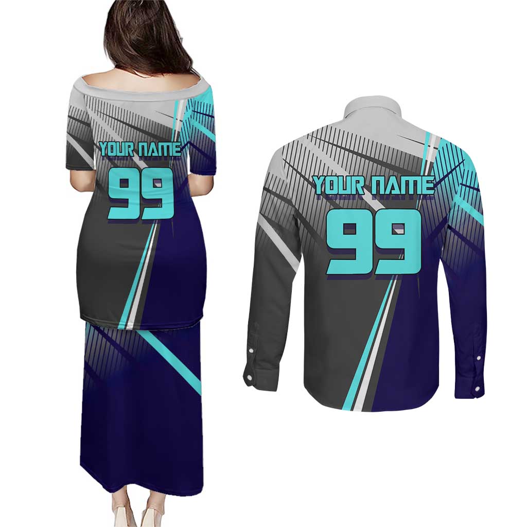 Personalized Mahito Jujutsu Kaisen Couples Matching Puletasi and Long Sleeve Button Shirt with Teal Gradient and Blue Uniform Design