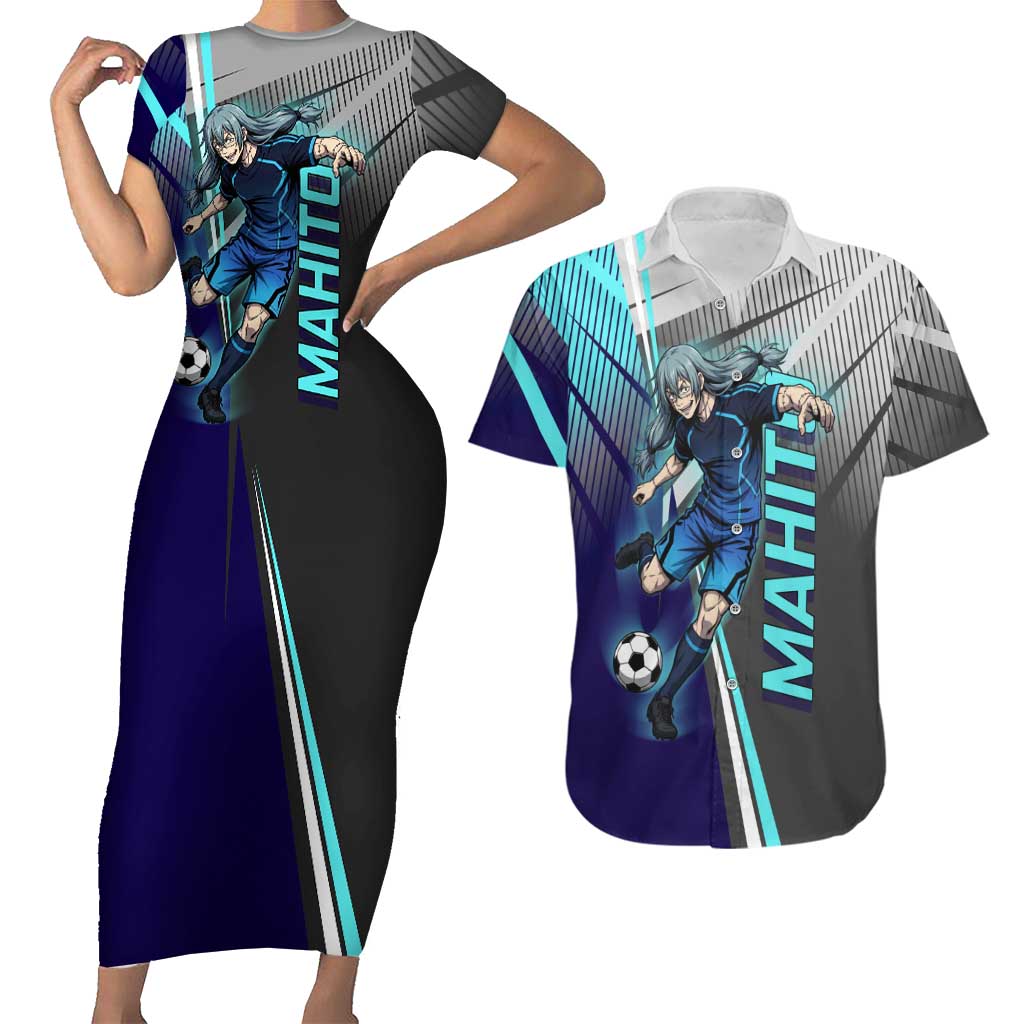 Personalized Mahito Jujutsu Kaisen Couples Matching Short Sleeve Bodycon Dress and Hawaiian Shirt with Teal Gradient and Blue Uniform Design